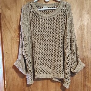 POL Womens Open Weave Crochet Cable Knit Sweater Tan White Boxy Cropped Size S